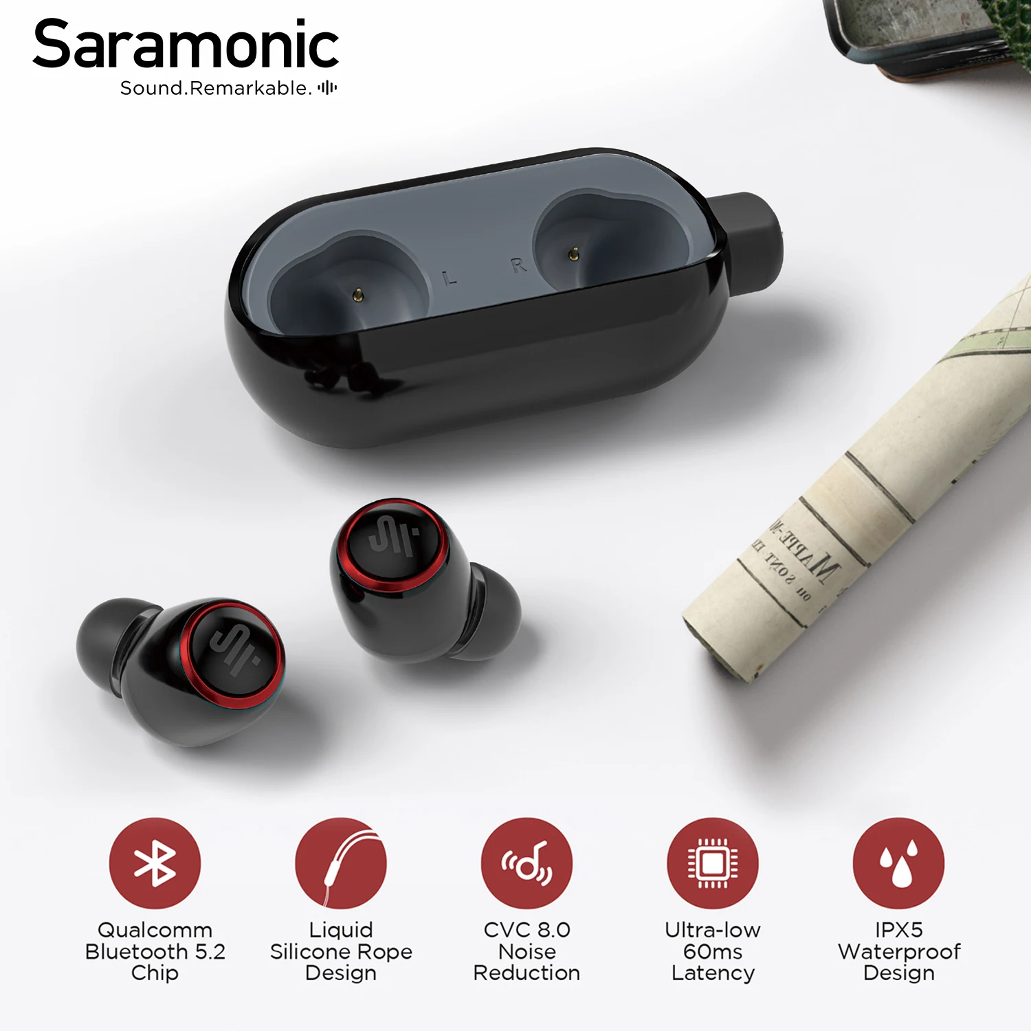 

Saramonic SR-BH40 True Wireless Stereo Earbuds Qualcomm Bluetooth 5.2 Ultra-low 60ms Latency 10H Run Time Noise Cancellation