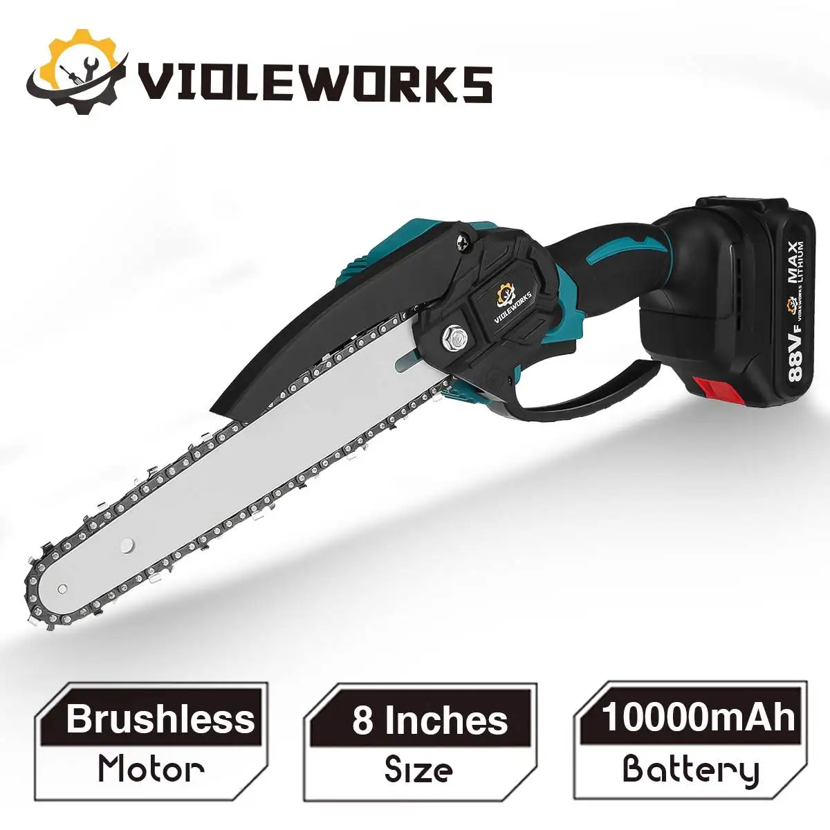 VIOLEWORKS 8 Inch 88VF Mini Brushless Electric Chain Saw Handheld Pruning Rechargeable Wood Power Tool For Makita 18V Battery