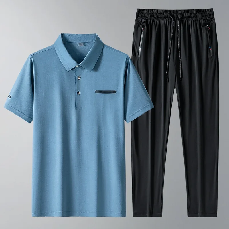 2023 Summer Ice Polo Shirt Suit Business Men's Solid Color Lapel Seamless Ice Short Sleeve+ice Pants Two-piece Mens Sportswear