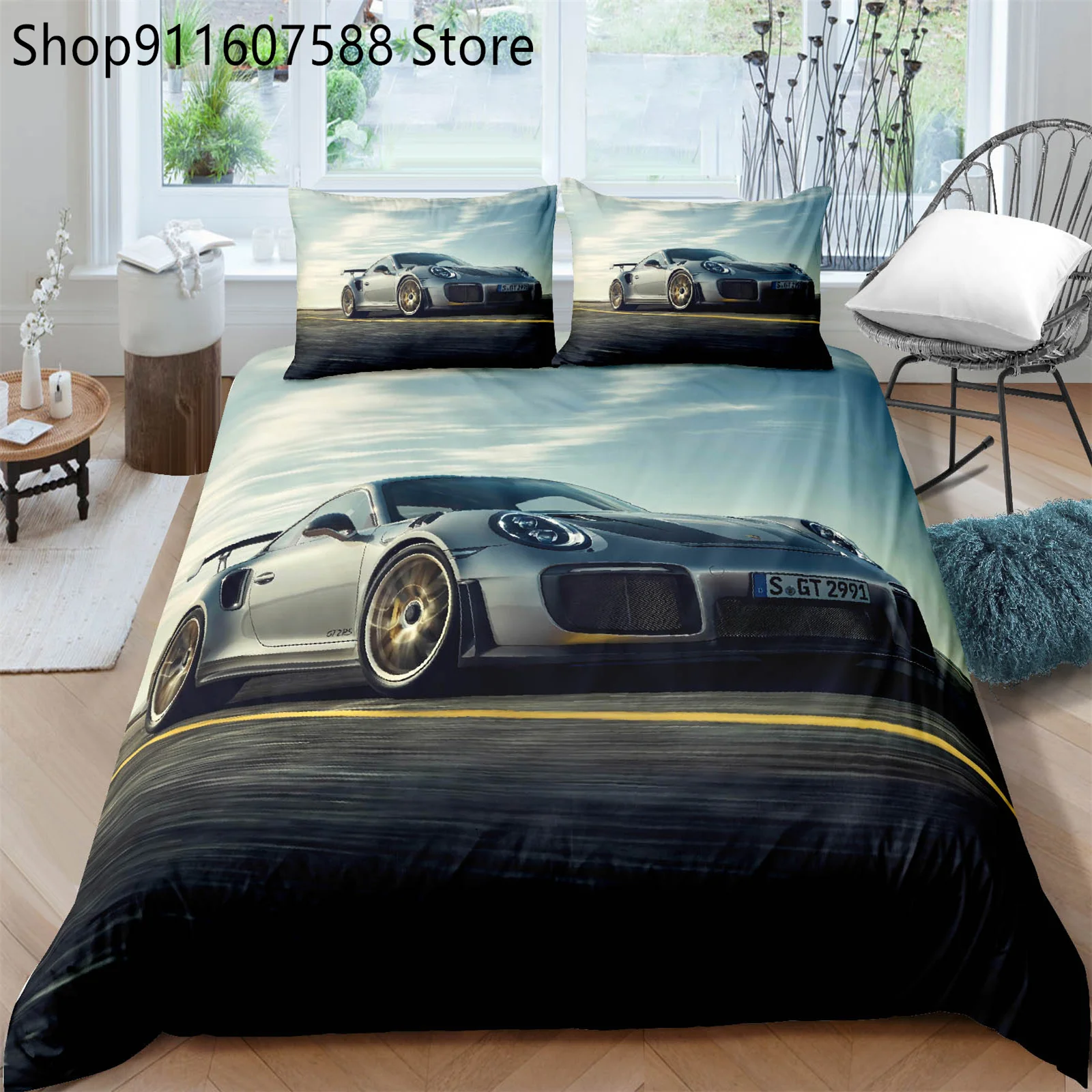 

Комплект постельного белья из 2/3 предметов с пододеяльником и 3D-принтом для спортивных автомобилей