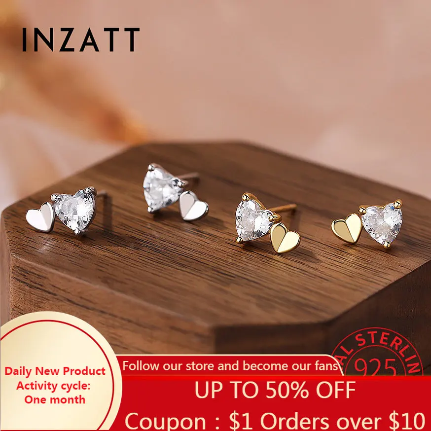 

INZATT Real 925 Sterling Silver Zircon CZ Heart Stud Earrings for Women Cute Fine Jewelry Exquisite Minimalist Accessories