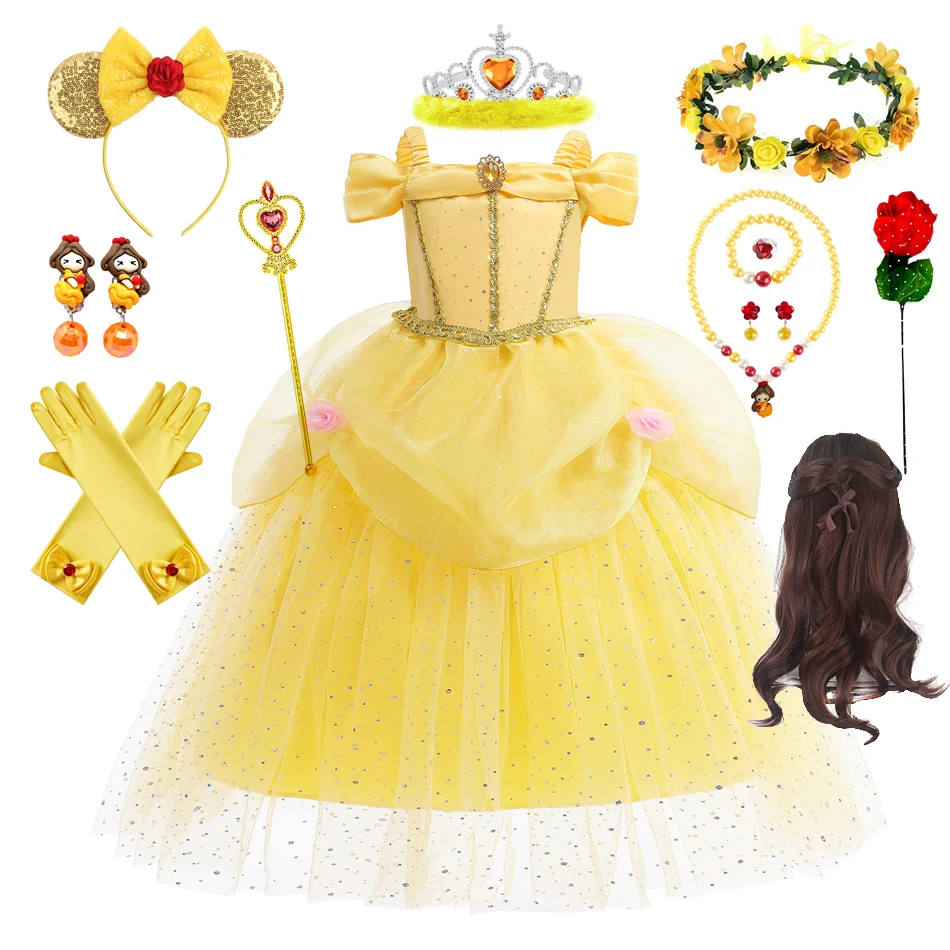 

Платье принцессы Белль для девочек, детское бальное платье с цветочным рисунком, Детский костюм для косплея Bella Красавица и чудовище, необыч...