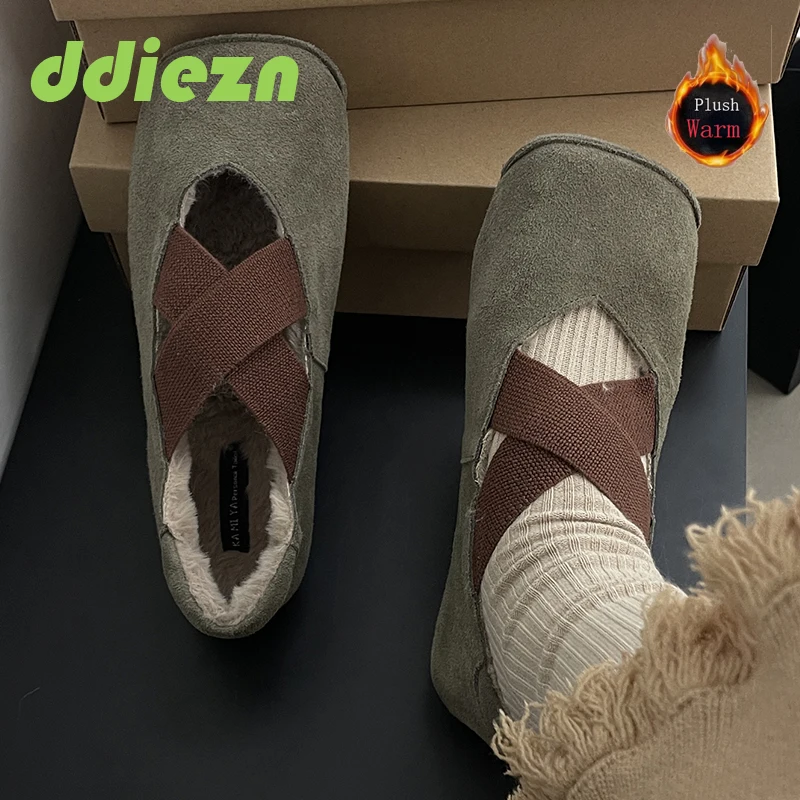 

Женские теплые меховые туфли на плоской подошве, Осенние балетки с квадратным носком, дамские туфли в стиле "Лолита" с бантом-бабочкой, зимние плюшевые Женские Повседневные Туфли Мэри Джейн, 2023