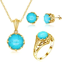 14K Gold Plated Jewelry Sets For Women Real 925 Sterling Silver Turquoise Gemstones Round Pendant Earrings Ring Set New
