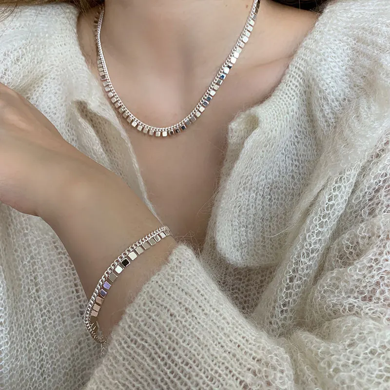 

925 Sterling Silver Tassel Square Bead Charm Pendent Necklace For Women Korean Fashion Jewelry Gift Choker Bijoux Femme dz340