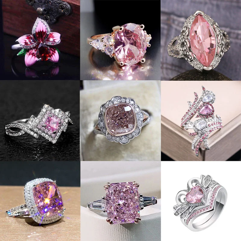 

Sweet Romantic Pink Rings for women Crystal Zirconia Engagement Wedding Ring Luxury Fashion Vow Jewelry Accessories