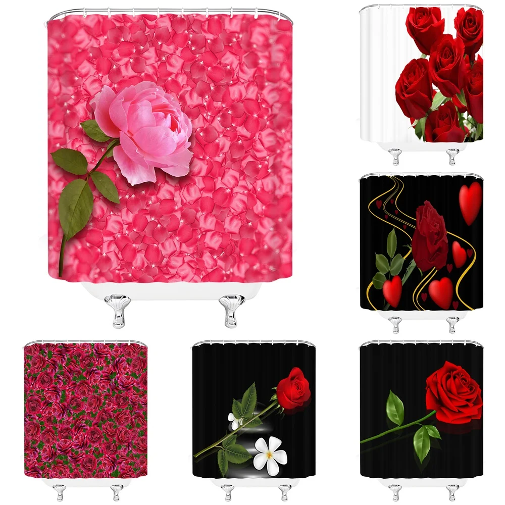 

Pink Rose Petal Shower Curtain Red Floral Spring Green Leaves Plants Flowers Bathroom Decor Polyester Fabric Bath Curtains Sets