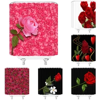 pink rose petal shower curtain red floral spring green leaves plants flowers bathroom decor polyester fabric bath curtains sets