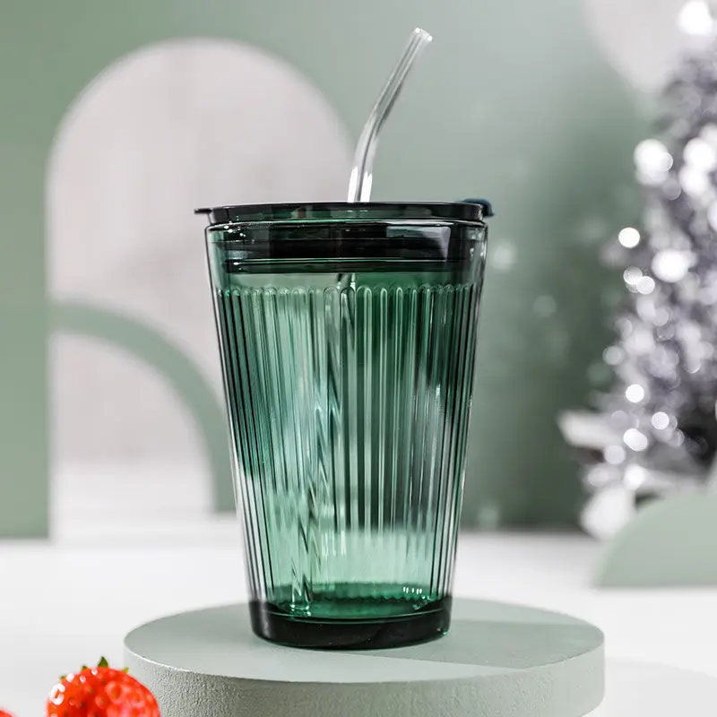 450ml Bubble  Cups Breakfast Mugs Drinkware Tea Glass Cup with Straw Dark Green Juice Glass Beer Can with Lid Milk Mocha Coffee