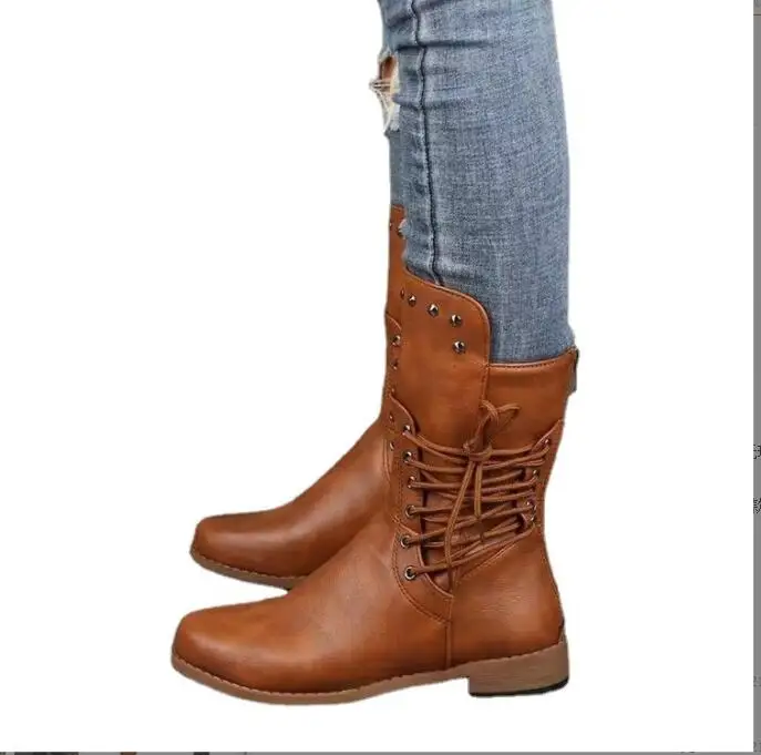 

New Autumn Winter Mid tube knight studded women's boots Platform High Fashion Heels Black round head Boots Women Shoes Big Size