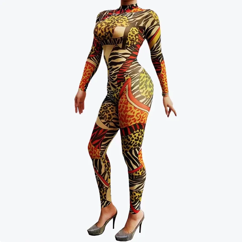 

Women Leopard Printed Tight Jumpsuit Sexy Stage Wear DJ Pole Dance Costume Acrobatic Performance Leotard Festival Clothing