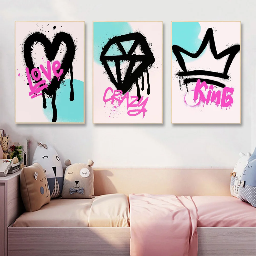 

Graffiti Giclee 3 Panels Wall Decor Pop Art Love Crazy King Abstract Canvas Prints Spray Slogan Poster Painting For Living Room