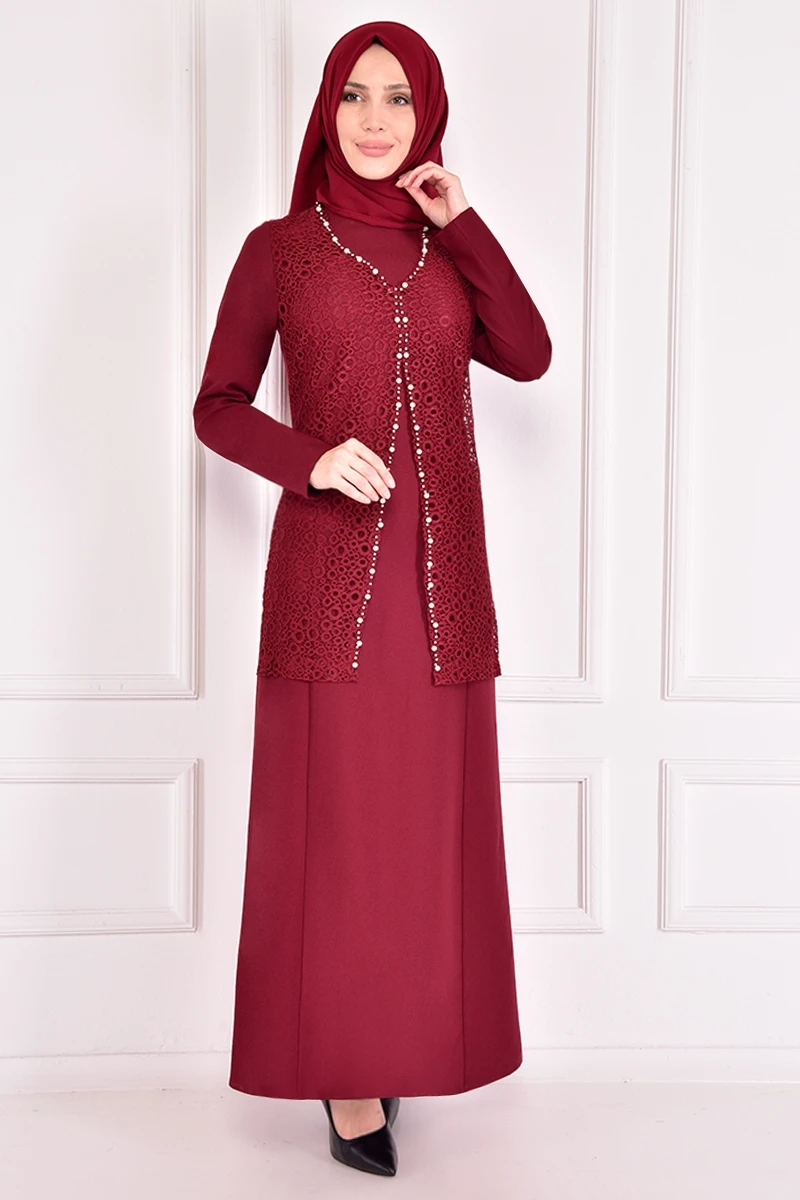 Платье с жемчужинами, Бордовое платье для женщин, платье-абайя, мусульманское женское платье, Саудовская Аравия, Abaya с открытыми плечами ASM2386