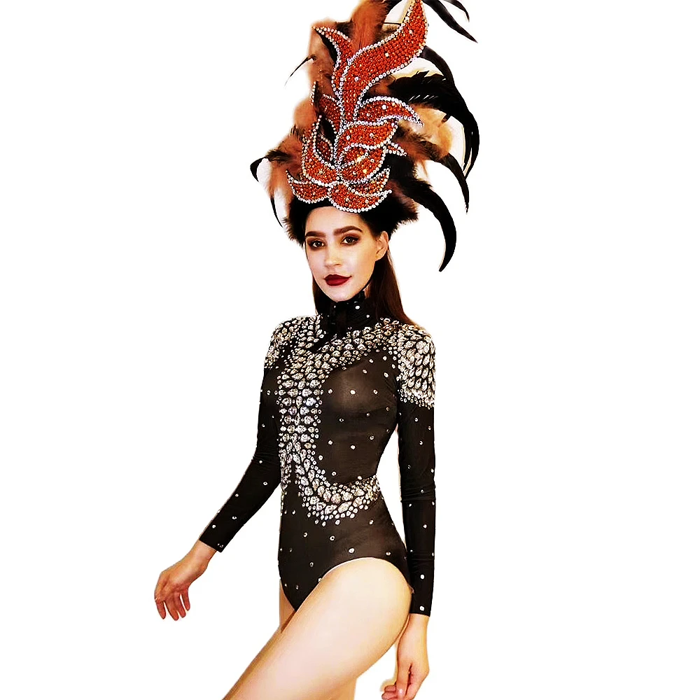 

Sparkly Rhinestones Women Sknny Elastic Bodysuits Long Sleeve Turtleneck Nightclub Singer Dancer Performance Stage Wear