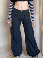 weiyao low waist y2k cargo pants ribbons pockets streetwear straight trousers women korean fashion blue hippie baggy bottoms