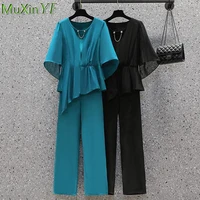 summer women chiffon t shirt 2022 new office lady graceful solid top high waist long pants suit fashion slim straight trousers