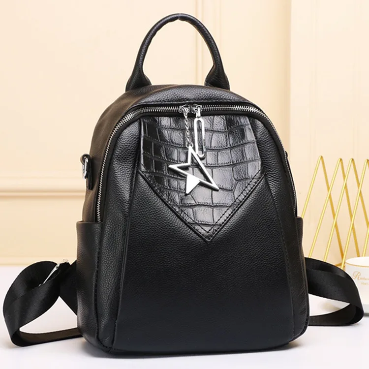 Star Zipper Design Crocodile Pattern Cowhide Leather Women Backpack Black High Quality Female Luxury Back Pack Travel Bagpack