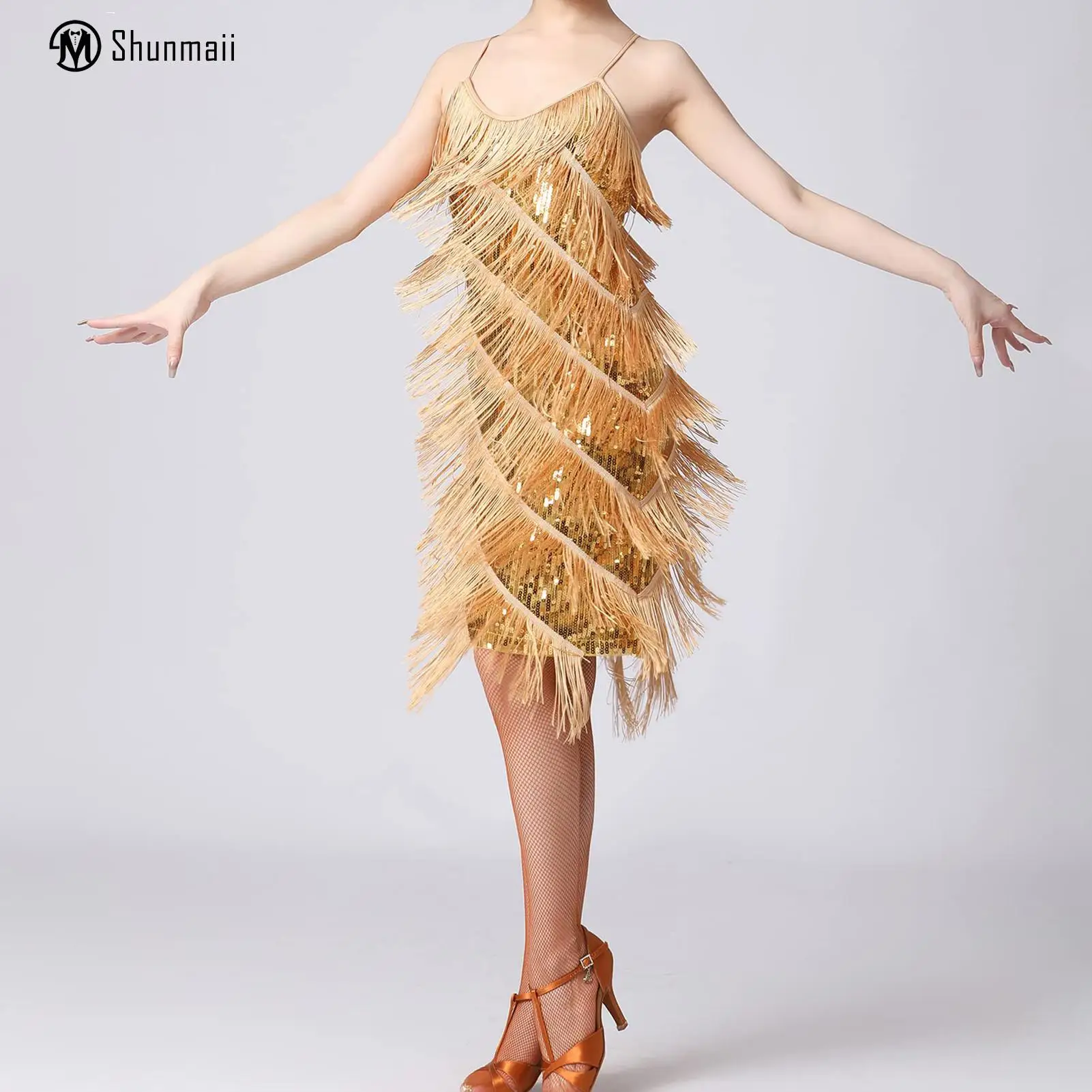 

V Neck Vintage Spaghetti Strap Dress French Women Latin Dance Dress Slim Fit Glitter Fringe Y2k Elegant Evening Dress