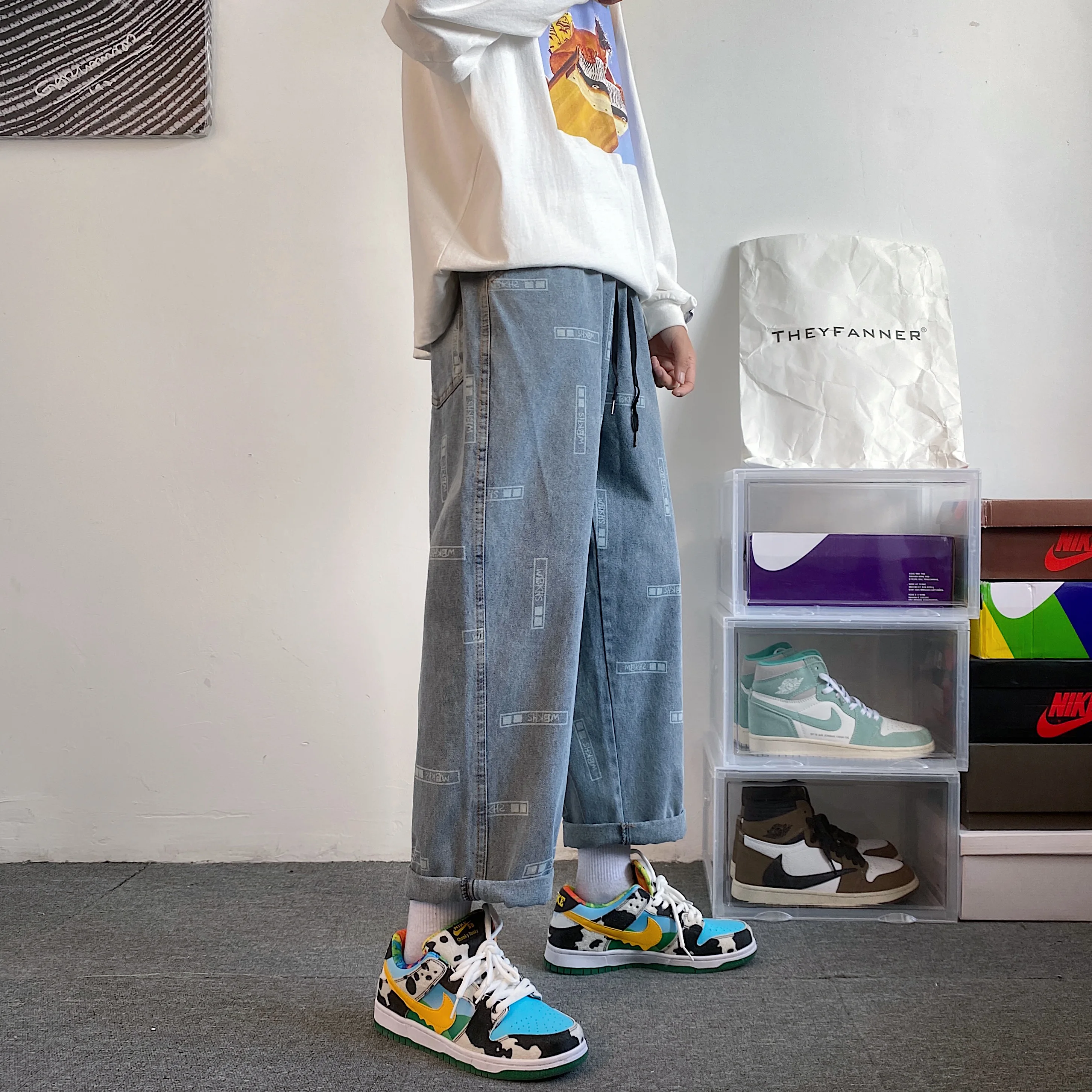 High Street Letter Print Straight Baggy Blue Jeans For Men Casual Korean Fashion Denim Trousers Y2K Streetwear Clothings