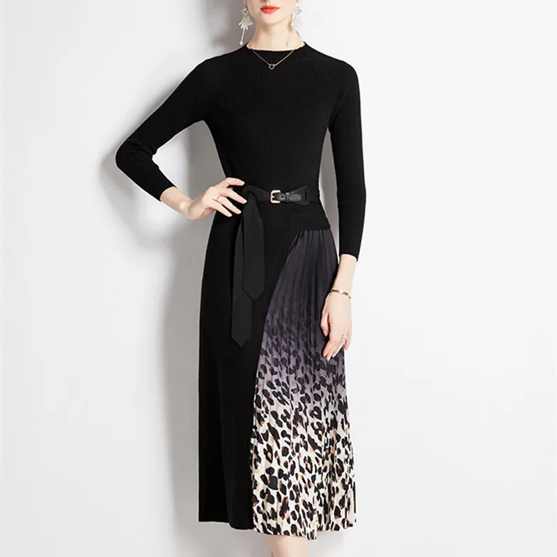 

Vintage Flower Print Patchwork Fake Two Piece Sweater Dresses For Women Autumn Winter Elegant Pleated Midi Knit Dress With Belt
