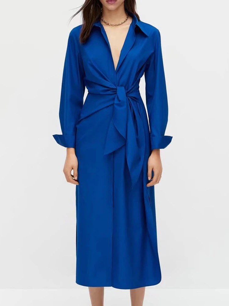 

Новинка лета 2022, модное женское однотонное Элегантное синее платье с длинным рукавом и отложным воротником для женщин, офисное вечернее дли...