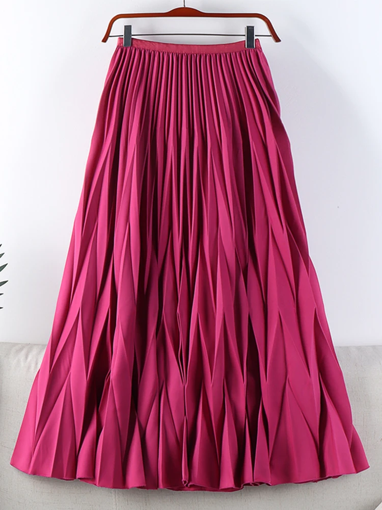 

2023 Fashion Rhombus Pleated Long Skirt Women New Casual Solid All-match A Line High Waist Midi Skirt Female Ladies Black