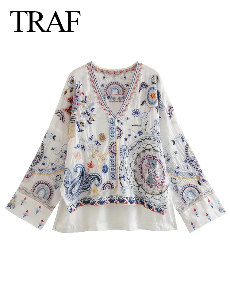 

TRAF Skin-Friendly Comfortable V-Neck Front Short Back Long Women's Tops Casual Loose Chic Embroidered Pattern Ladies Tops
