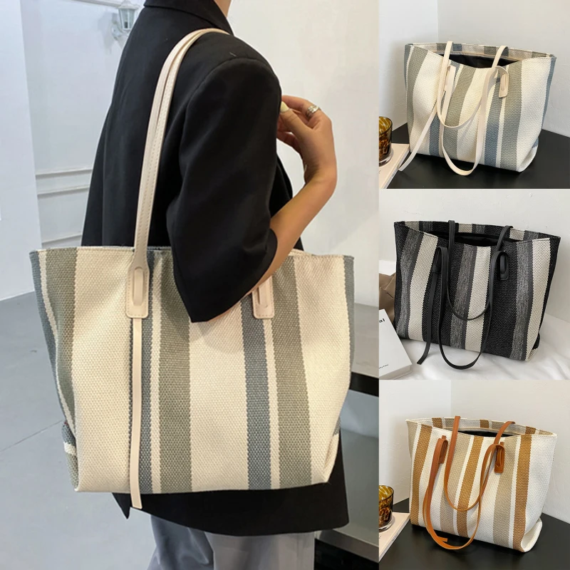 

Large Capacity Ladies Shoulder Bags Female 2023 New Simple Vertical Stripes Casual Tote Bag Fashion Women Handbag Shopper Bags