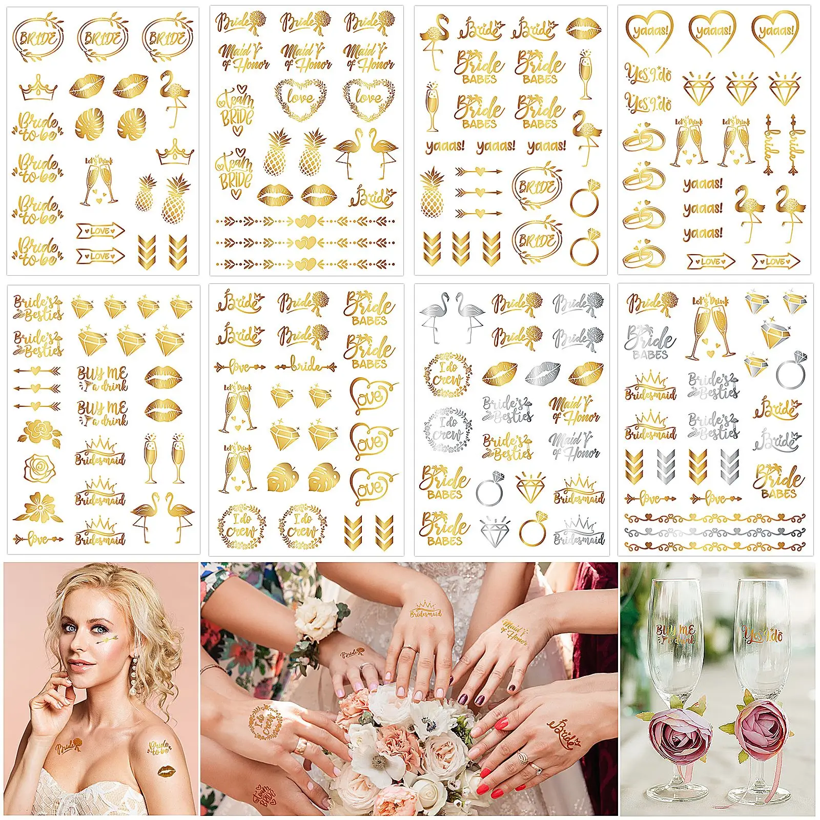 

8 Sheets Metallic Bachelorette Tattoos Bronzing Temporary Tattoos Body Stickers Bridal Party Favors Tattoos Charming Stickers
