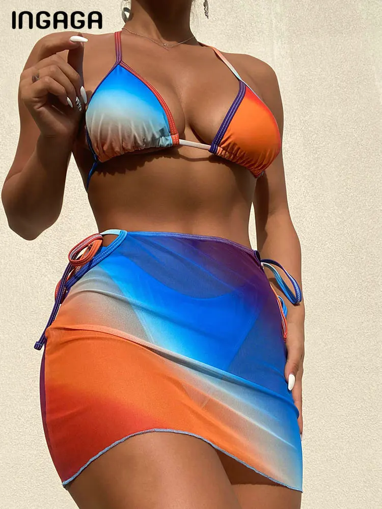

INGAGA Sexy Gradient 3 Piece Bikini With Skirt Halter Women Swimsuits 2022 Mesh Swimwear Cut Out Bathing Suits High Cut Biquinis