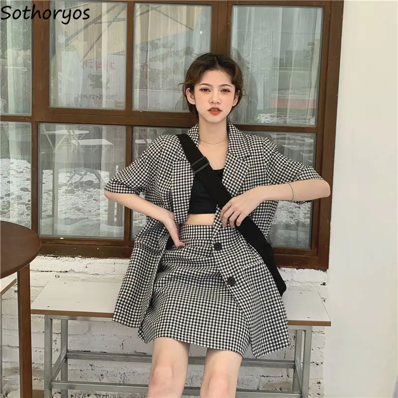 

Sets Women Elegant Office-look Trendy Summer Baggy Feminino Harajuku All-match Mujer Popular Daily Plaid Blazer Skirt Outfits