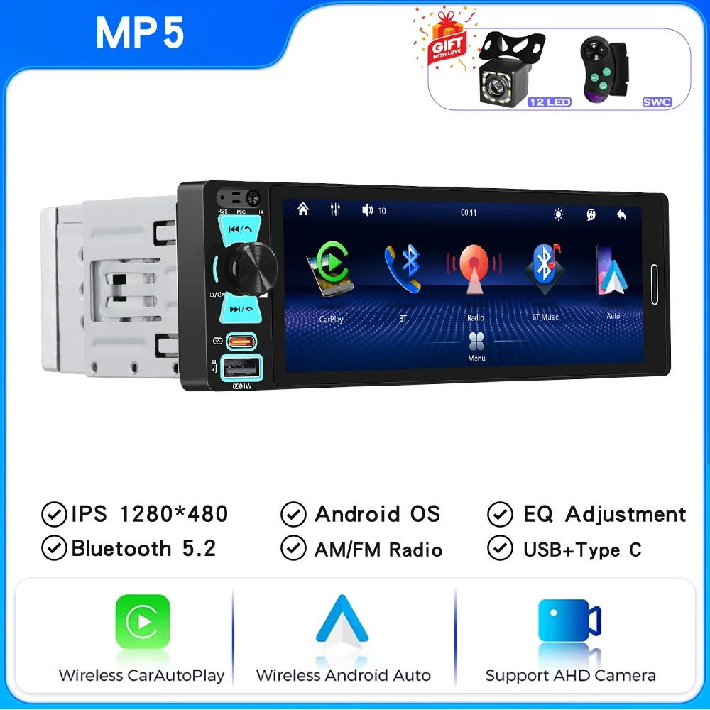 

Универсальная автомобильная магнитола 6.86 дюйма 1DIN с беспроводным CarPlay и Android Auto, мультимедийный проигрыватель MP5, Bluetooth, USB Type-C, IPS сенсорный экран