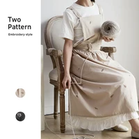 korean style embroidered cotton kitchen apron women housework pocket cotton linen lace up design waterproof waist apron zb436