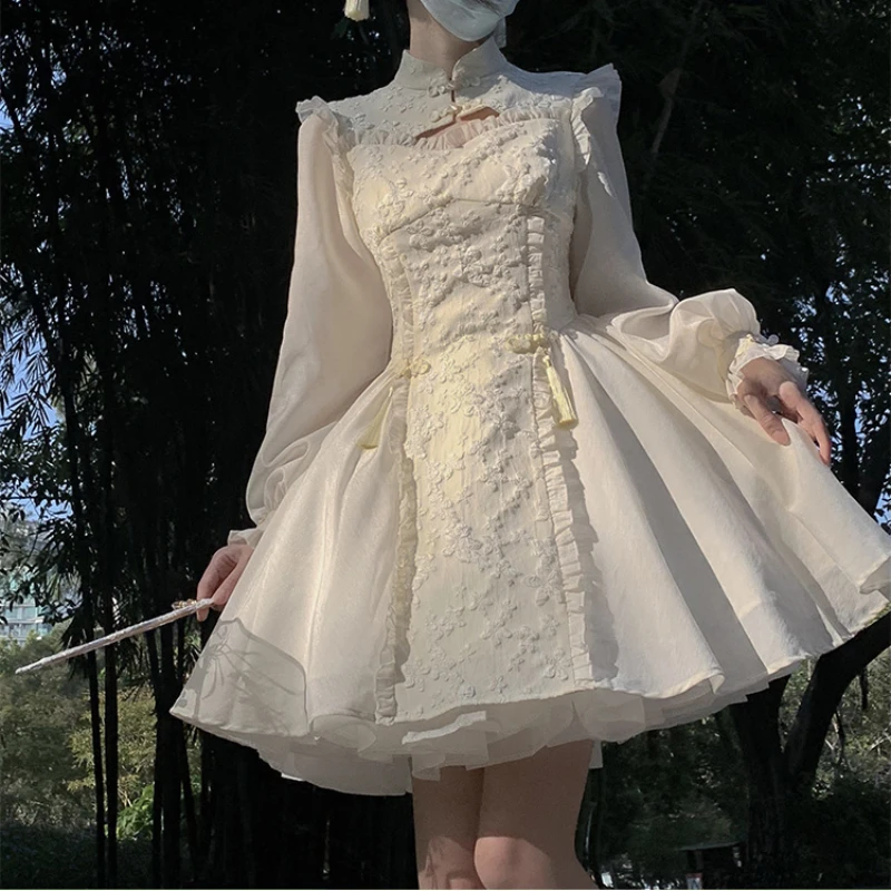 

Женское платье с длинным рукавом и воротником-стойкой, белое элегантное Приталенное кружевное мини-платье в стиле «лолита» с оборками и застежкой в винтажном стиле