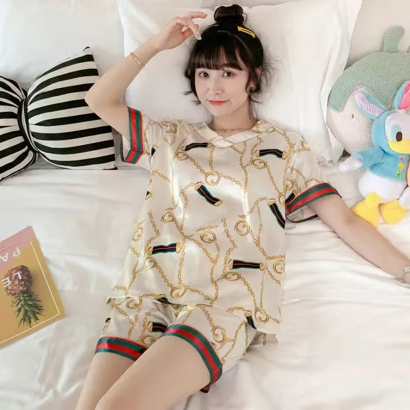 Summer Women Girl Fashion Short Pajamas Suits Ice Silk Home Clothers Sets Sleepwear