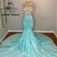 charming o neck prom dress beaded crystal tassel evening dresses mermaid birhday party gown robe de bal