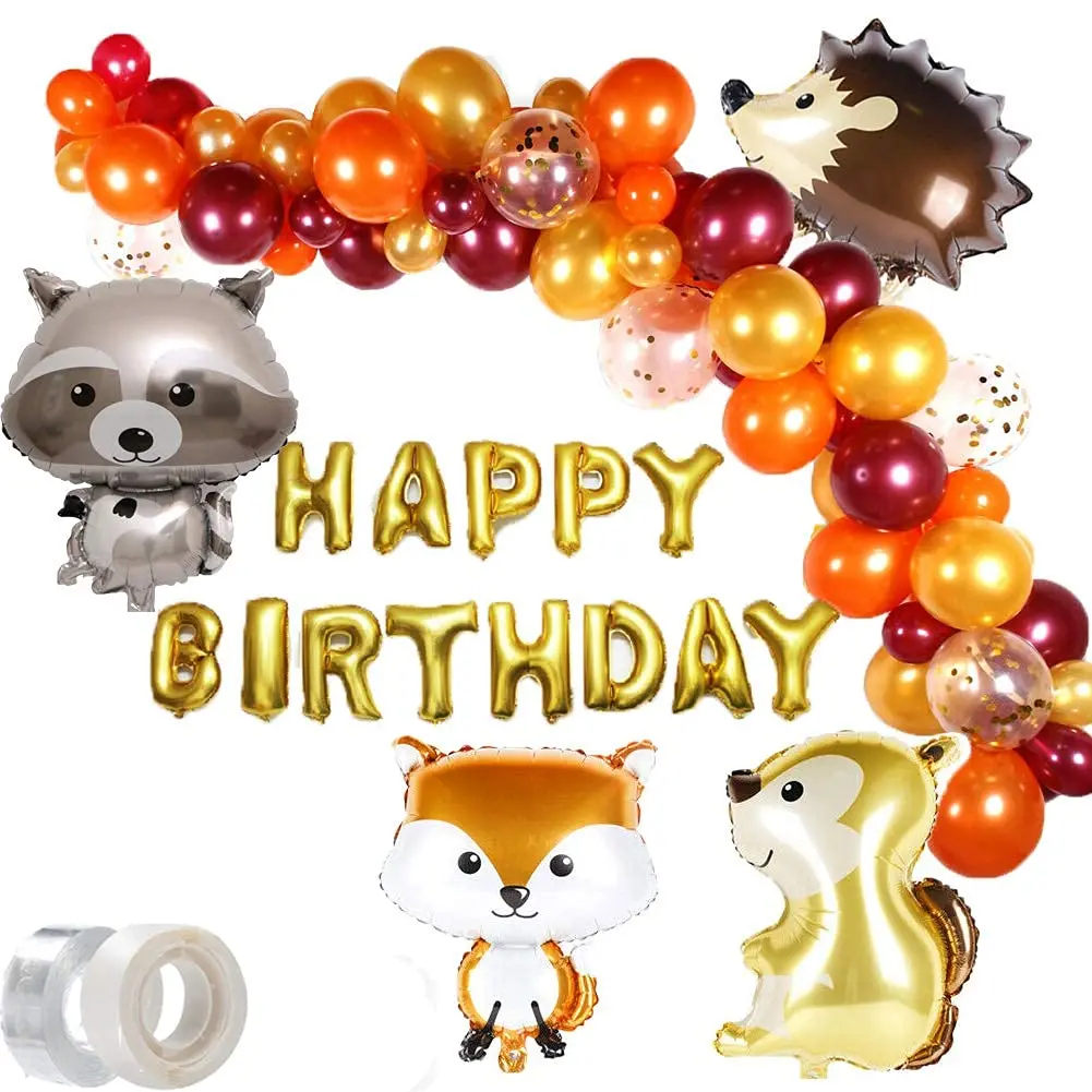 Kit de guirnalda de globos de feliz cumpleaños, Kit de decoración de fiesta de cumpleaños de jungla, zorro, bosque, Animal, Borgoña, naranja, dorado, 127 piezas