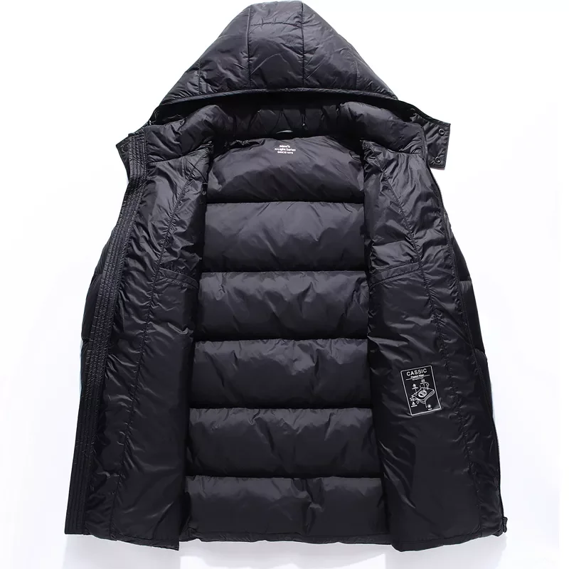 2022New Winter Men's Mid-length Warm Down Jacket Fashion Casual Hooded White Duck Down Coat Male Brand Clothing