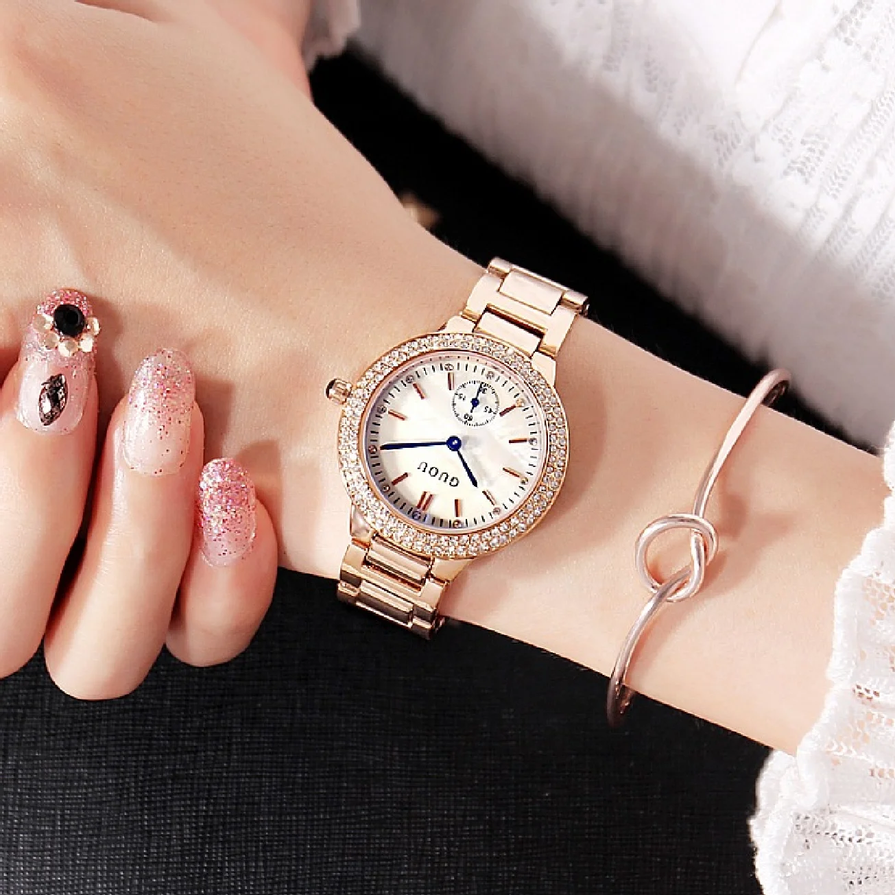 Fashion Top Guou Brand Casual Luxury Watches Sapphire Blue Rose Gold Steel Watch Female Diamond Quartz Waterproof Woman Gift enlarge