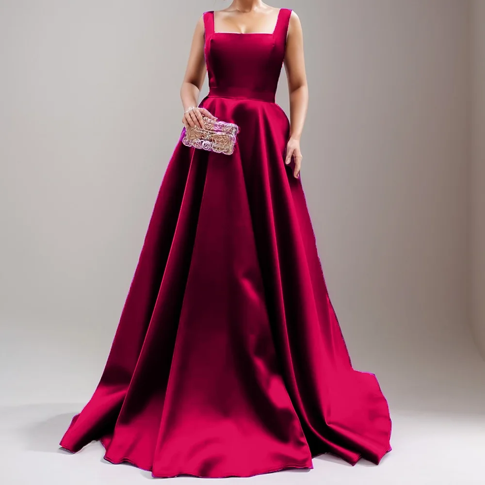 Атласное платье-трапеция до пола без рукавов с квадратным вырезом