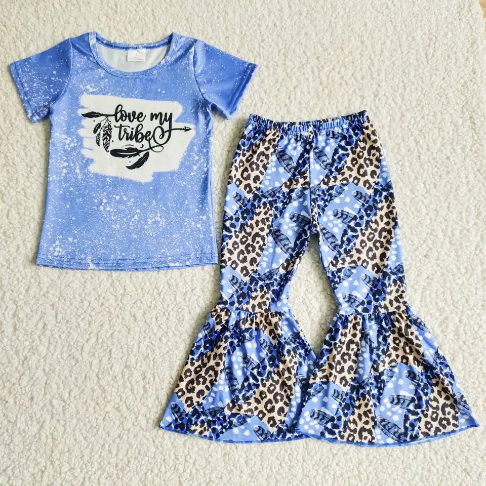 

love my tribe girls' outfits spring and summer children's wear wholesale short-sleeved tops bell bottom trousers 2-piece set