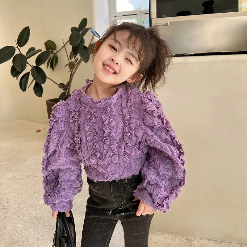 

RiniLucia Children's Korean Autumn New T-shirt Girls' Linen Blouses Lace Pleated Puff Sleeve Mouth Long Sleeve Cotton Tops
