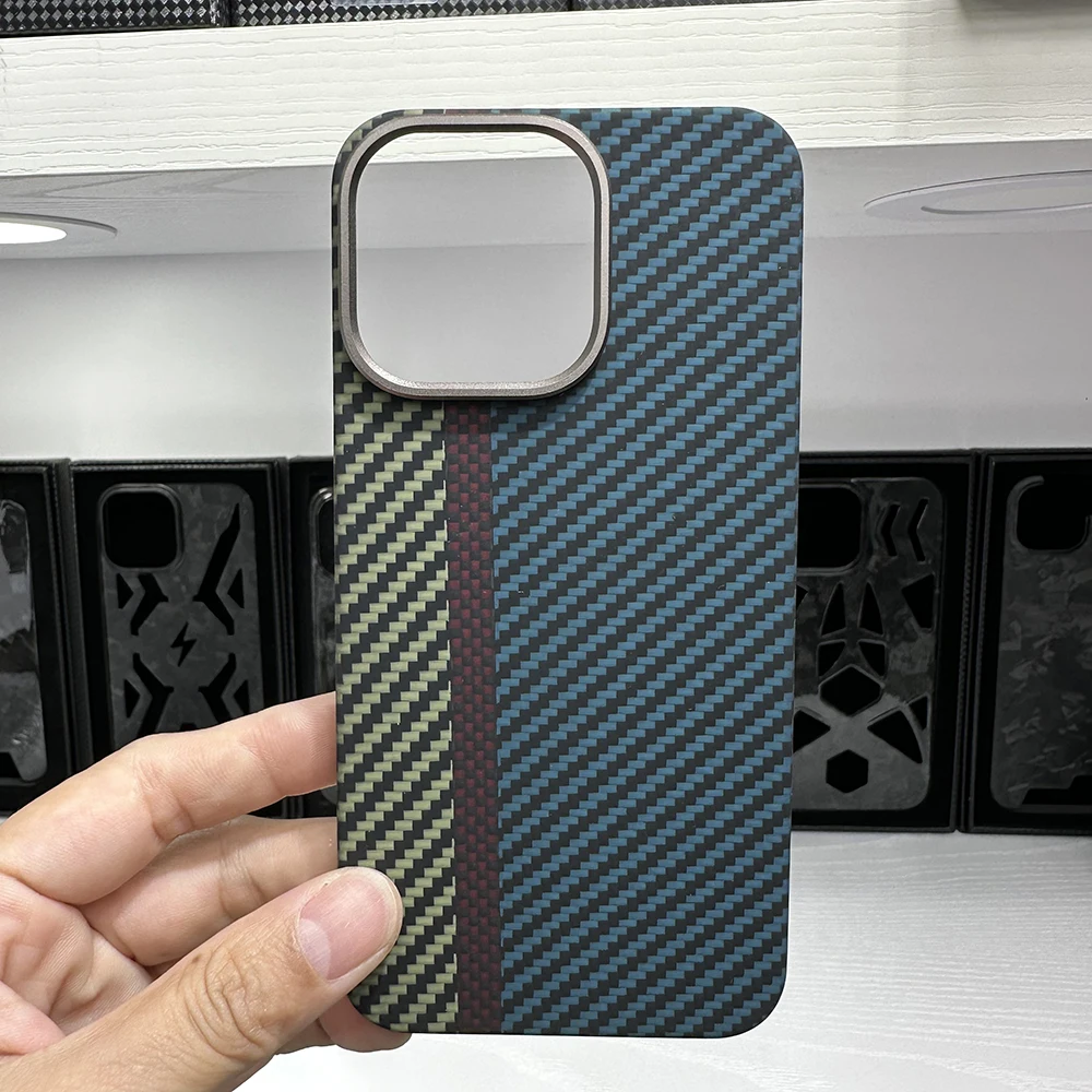 

Genuine Carbon Fiber Aramid Case For iPhone 13 14 Pro Max Racing Car Splicing Color Lens Metal Ring Ultra Thin Bulletproof Cover