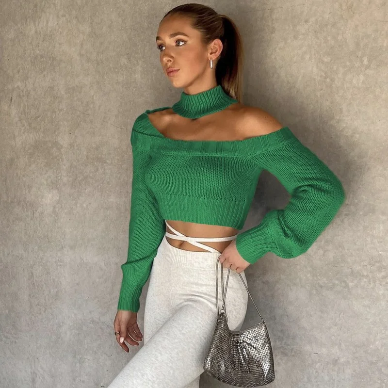 

LUOYIYANG Pullover Crop Top Sweater Women Fashion O-neck Puff Sleeves Temperament Grace Commuting for Women Solid Color Clothing
