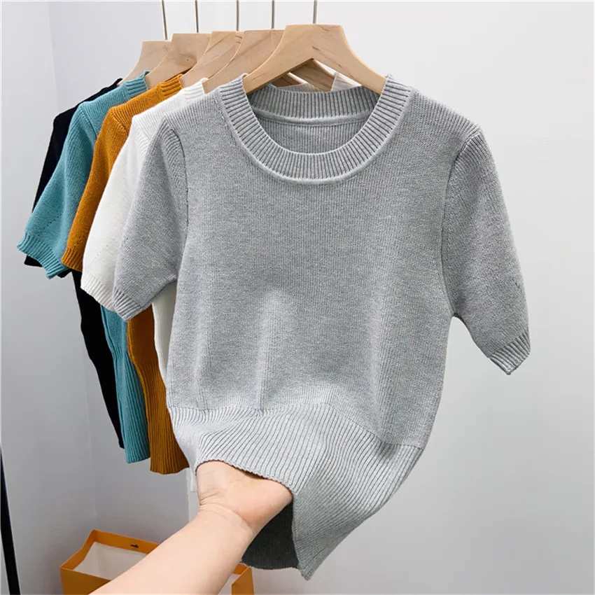 

Женская тонкая трикотажная футболка с коротким рукавом, сезон весна-лето, однотонный вязаный пуловер, футболка, женское базовое нижнее бель...