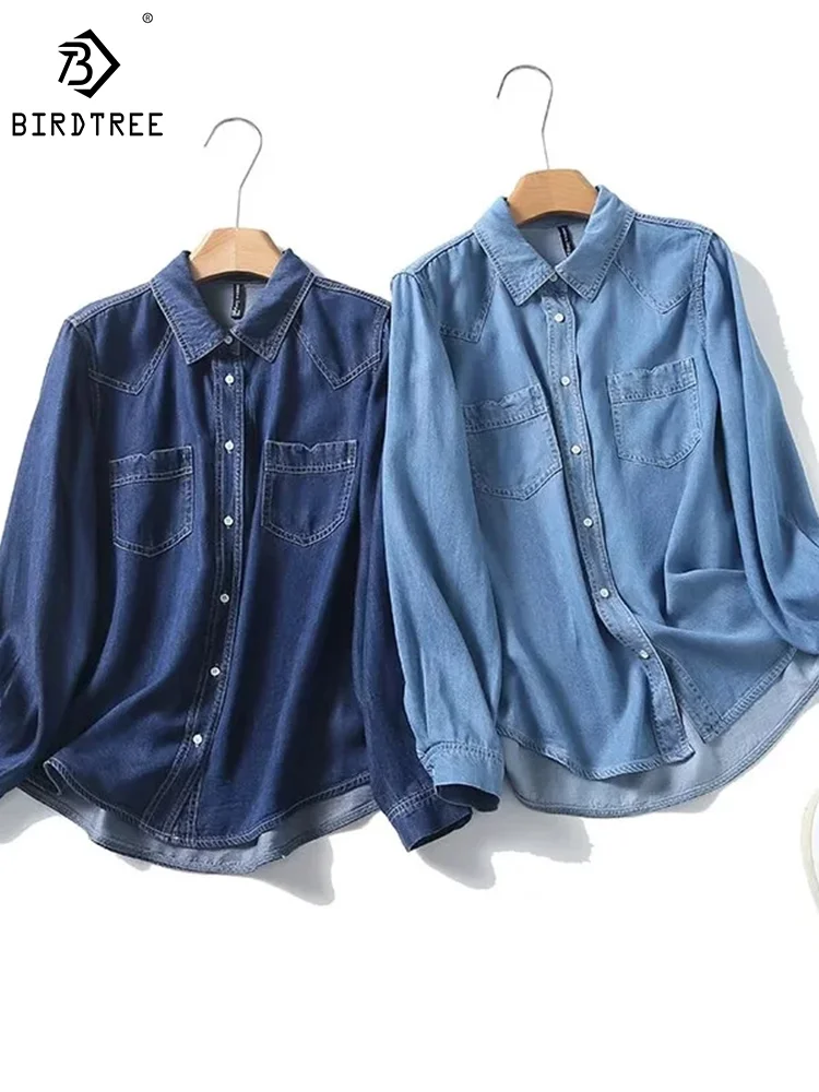 Осенняя джинсовая рубашка Lyocell женские повседневные свободные топы в стиле ретро