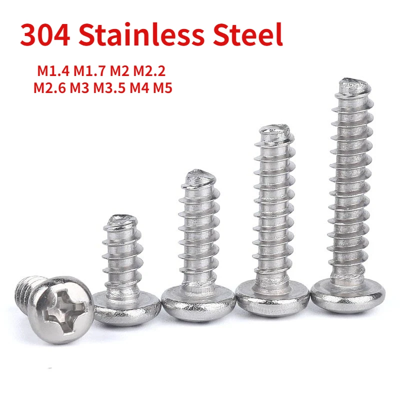

M1.4 M1.7 M2 M2.2 M2.6 M3 M3.5 M4 M5 304 Stainless Steel Cross Recess Phillips Pan Round Head Flat End Self Tapping Screw