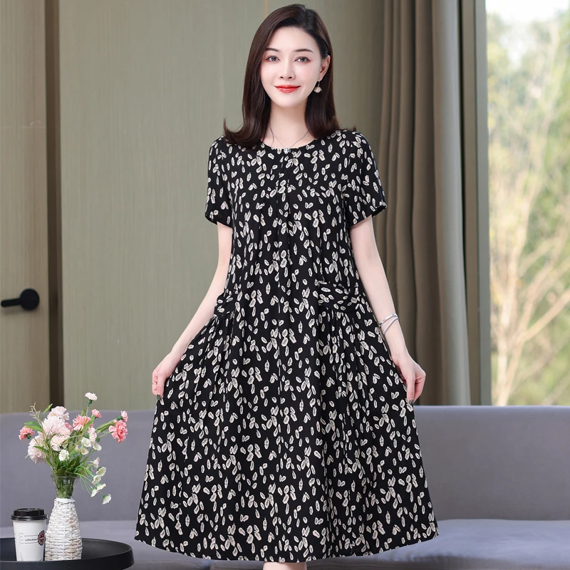 

Female Floral Dress 2022 Short Sleeve Elegant Summer Sundress Boho Loose Vintage Midi Dress With Print Summer Clothes Pockets