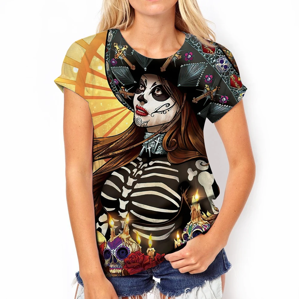 

New Horror Skull Print Women's T-shirt Street Hip-hop Harajuku Female Loose T-shirt 2023 Summer Funny Gothic Short-sleeved Tops
