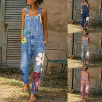 one piece denim jumpsuit for women vintage sleeveless spaghetti strap floral print jeans overalls ladies casual jean bodysuits